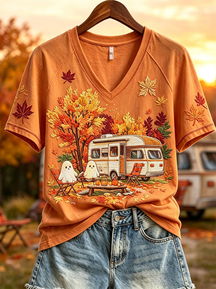 Women's Halloween Ghost RV Camping Fall Landscape Print short sleeve T-shirt