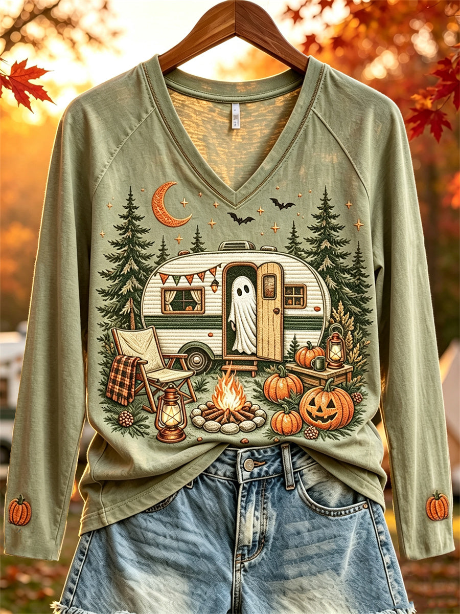 Women's Halloween Ghost Fall RV Camping Print long-sleeved T-shirt