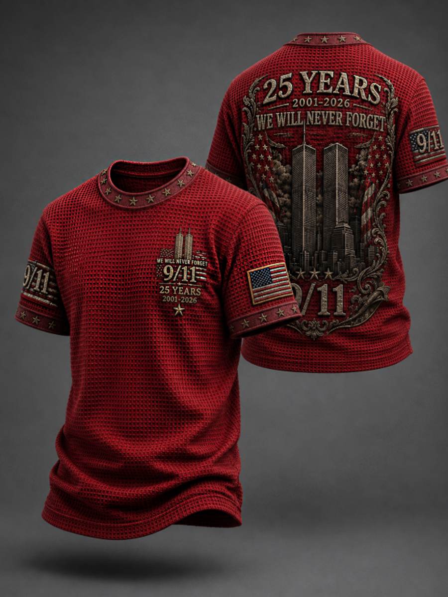 Men's WE WILL NEVER FORGET 9/11 25 YEARS 2001-2026 Waffle Tee