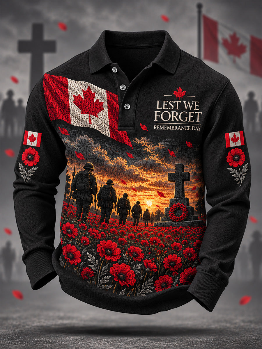 Men's Lest We Forget Canada Remembrance Day Poppy Print Long Sleeve Polo
