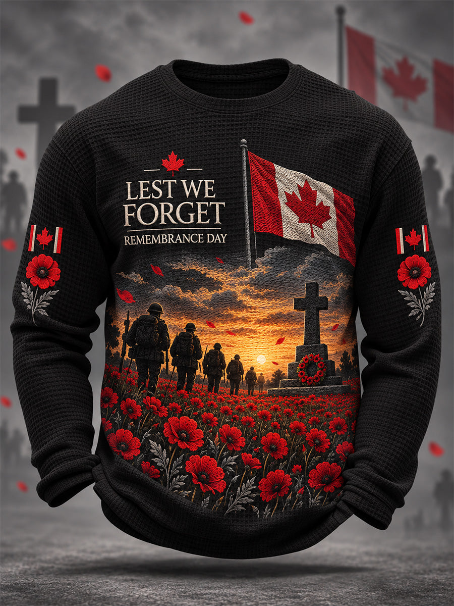 Men's Lest We Forget Canada Remembrance Day Poppy Print Waffle Long Sleeve T-Shirt
