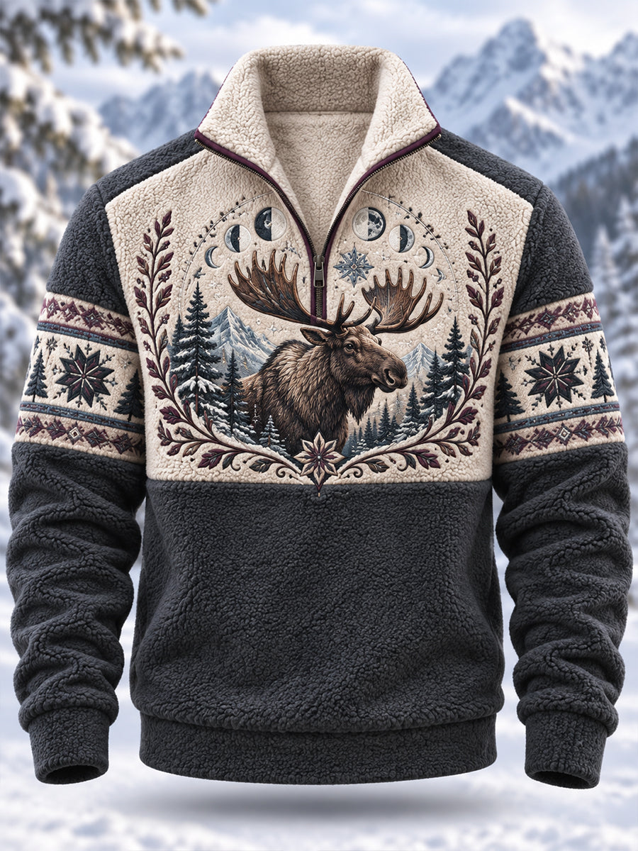 Men's Nordic Forest Animal Fleece-Lined Long-Sleeve Sweatshirt