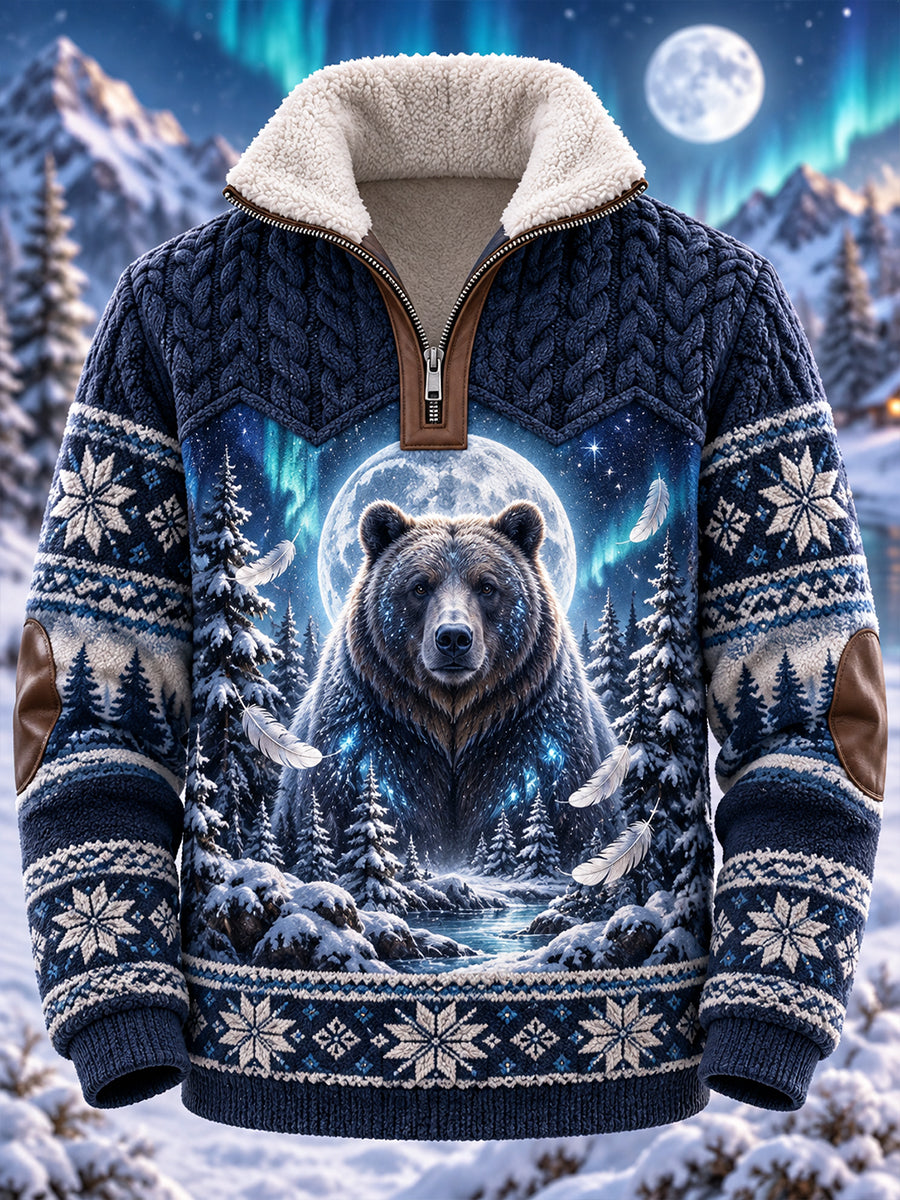 Men's Nordic Forest Animal Fleece-Lined Long-Sleeve Sweatshirt