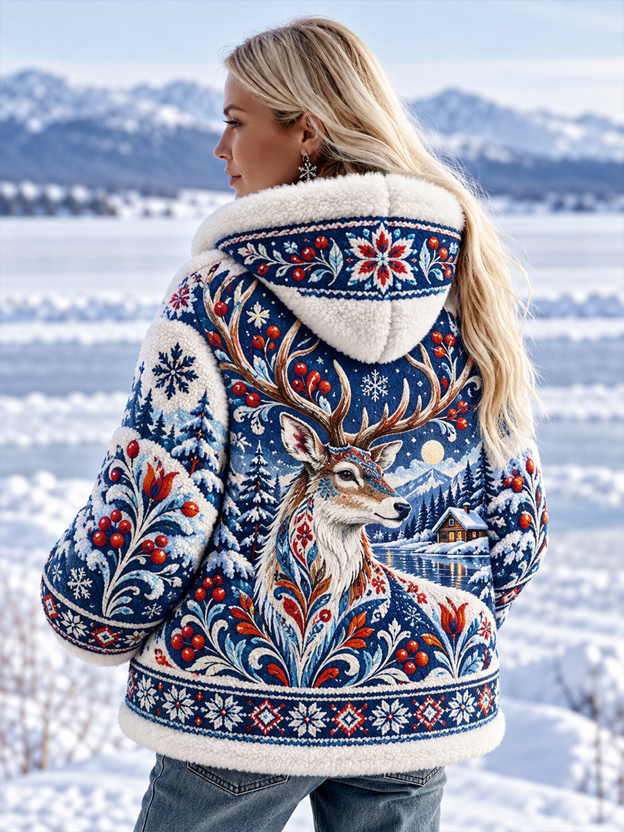 Women's Nordic Forest Animal Print Fleece-Lined Long-Sleeve Hoodie