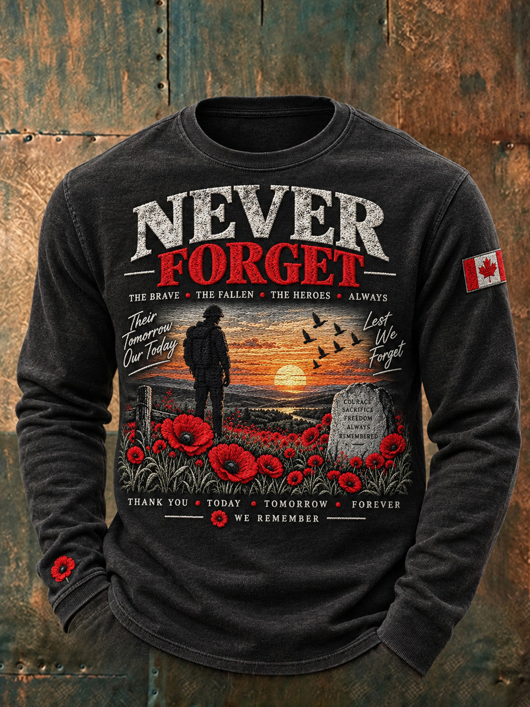 Men's Last We Forget Slogan Papaver Rhoeas Pattern Printed Long Sleeve Round Neck T-shirt