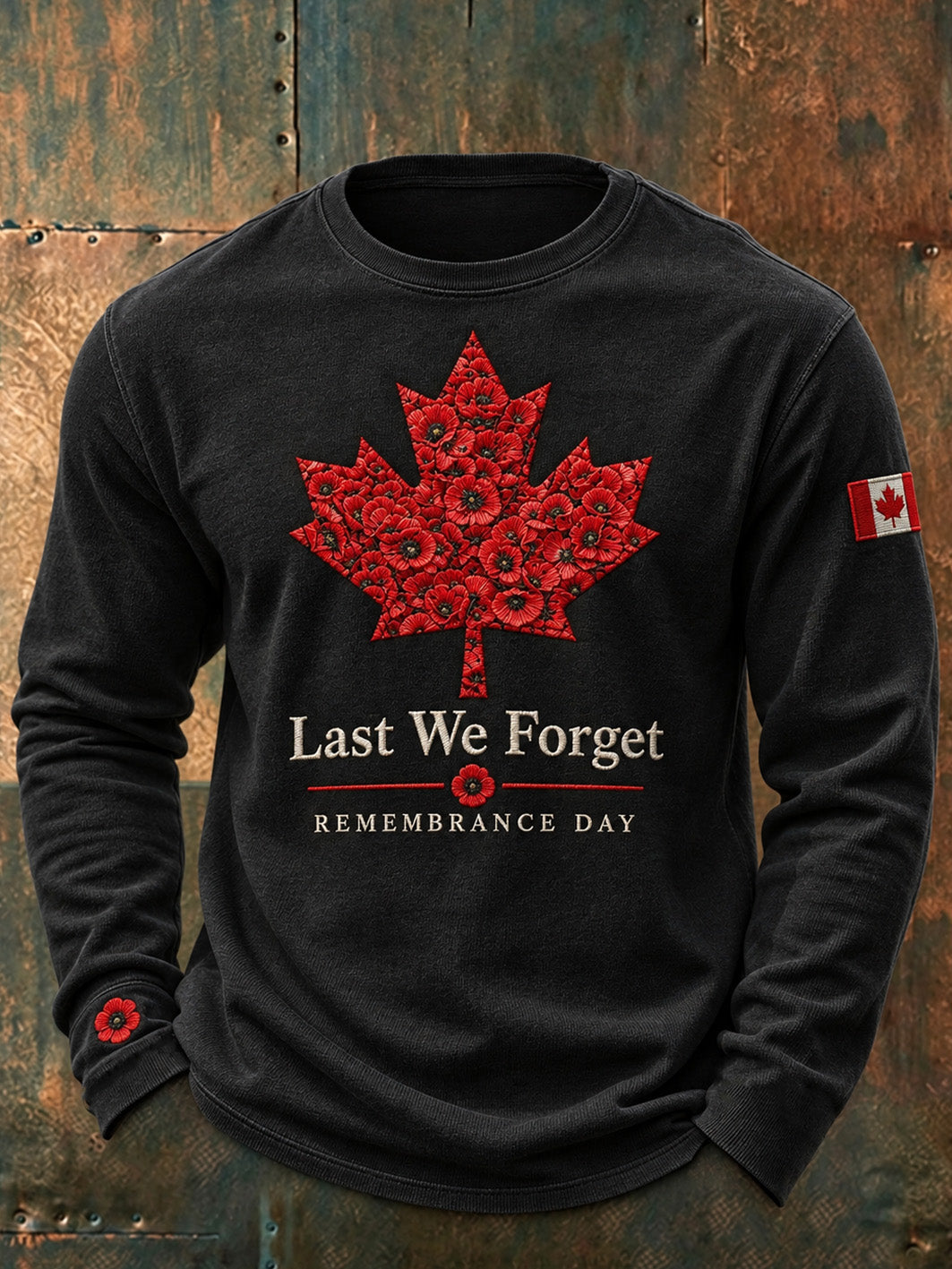 Men's Last We Forget Slogan Papaver Rhoeas Pattern Printed Long Sleeve Round Neck T-shirt