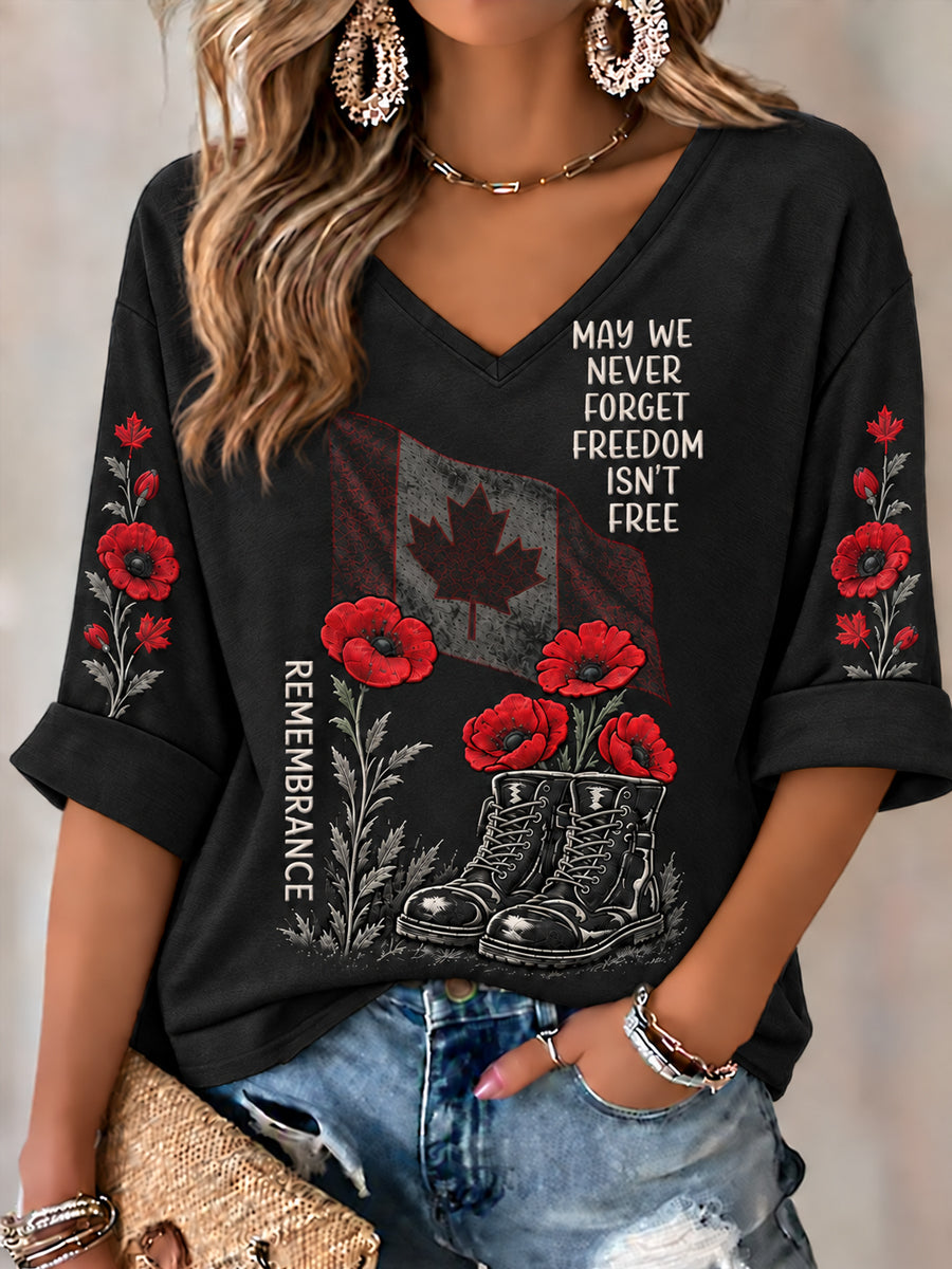 Women's Lest We Forget Canada Remembrance Day Print Mid-length Sleeves V-Neck T-Shirt