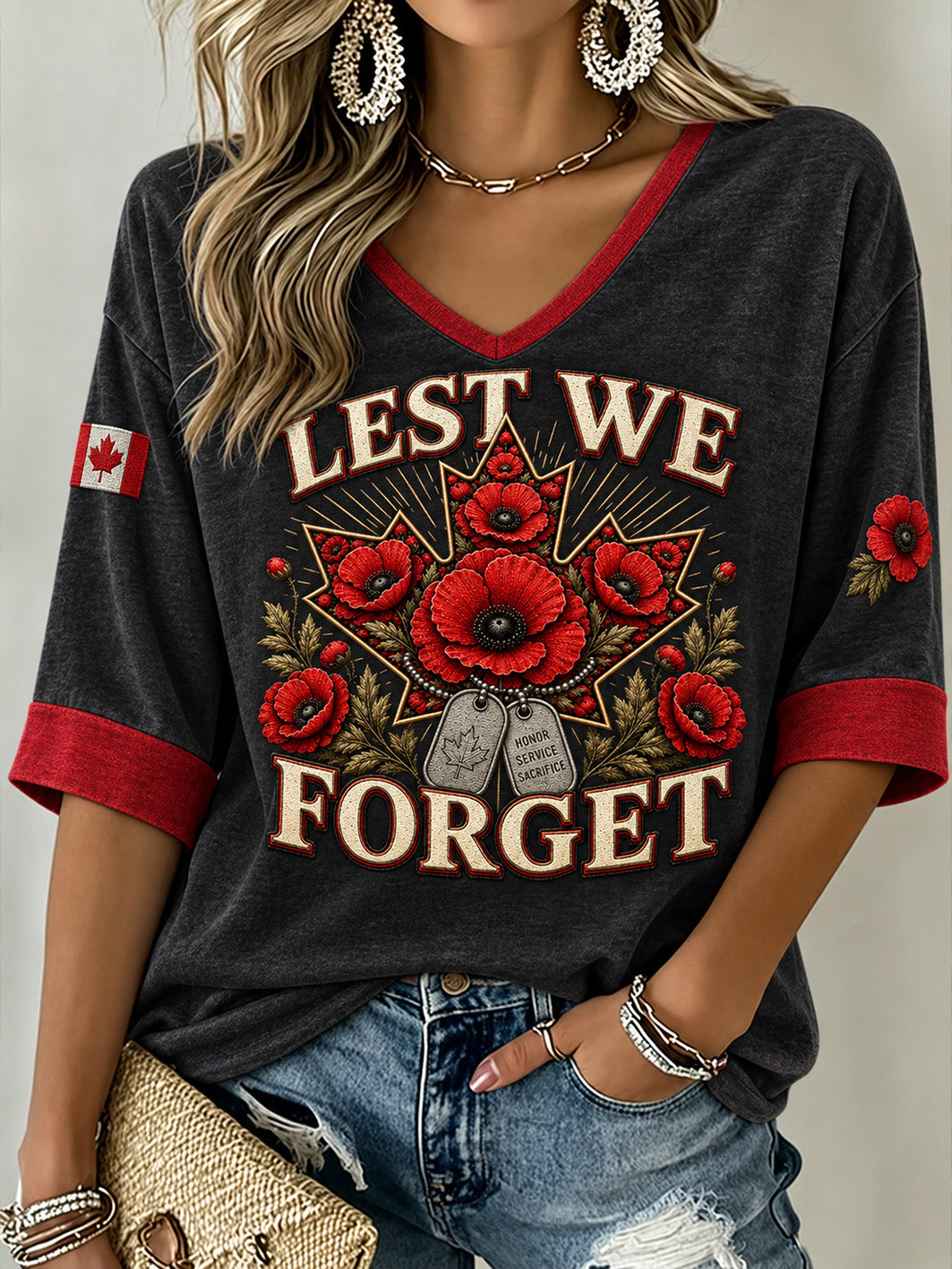 Women's Last We Forget Slogan Papaver Rhoeas Pattern Printed Mid-length Sleeves V-Neck T-Shirt