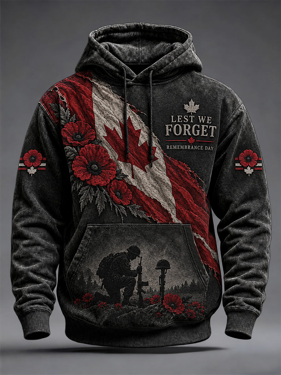 Men's Lest We Forget Canada Remembrance Day Poppy Print Oversized Drop-Shoulder Hoodie With Pockets