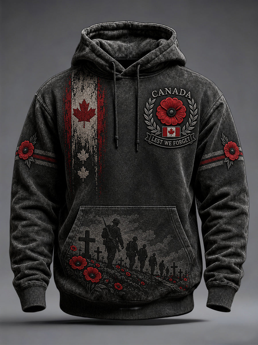 Men's Lest We Forget Canada Remembrance Day Poppy Print Oversized Drop-Shoulder Hoodie With Pockets