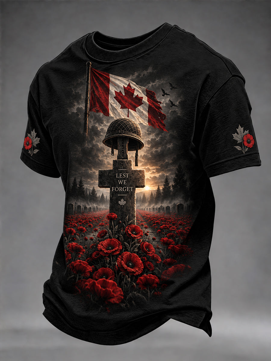 Men's Lest We Forget Canada Remembrance Day Print Short Sleeve T-shirt