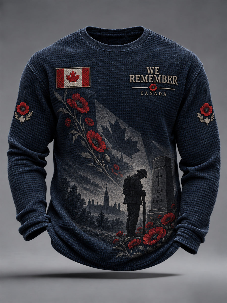 Men's Lest We Forget Canada Remembrance Day Poppy Print Waffle Long Sleeve T-Shirt