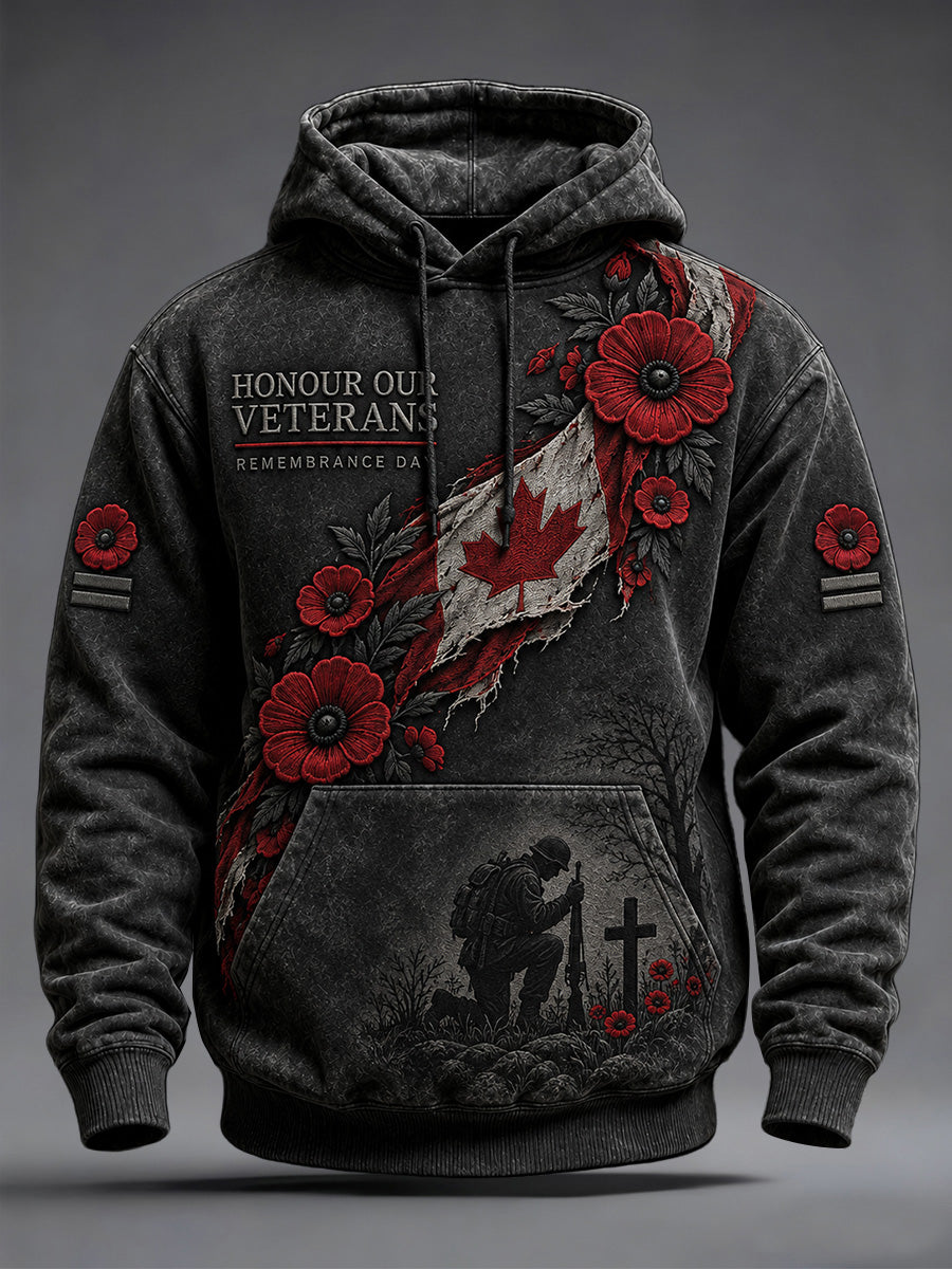 Men's Lest We Forget Canada Remembrance Day Poppy Print Oversized Drop-Shoulder Hoodie With Pockets