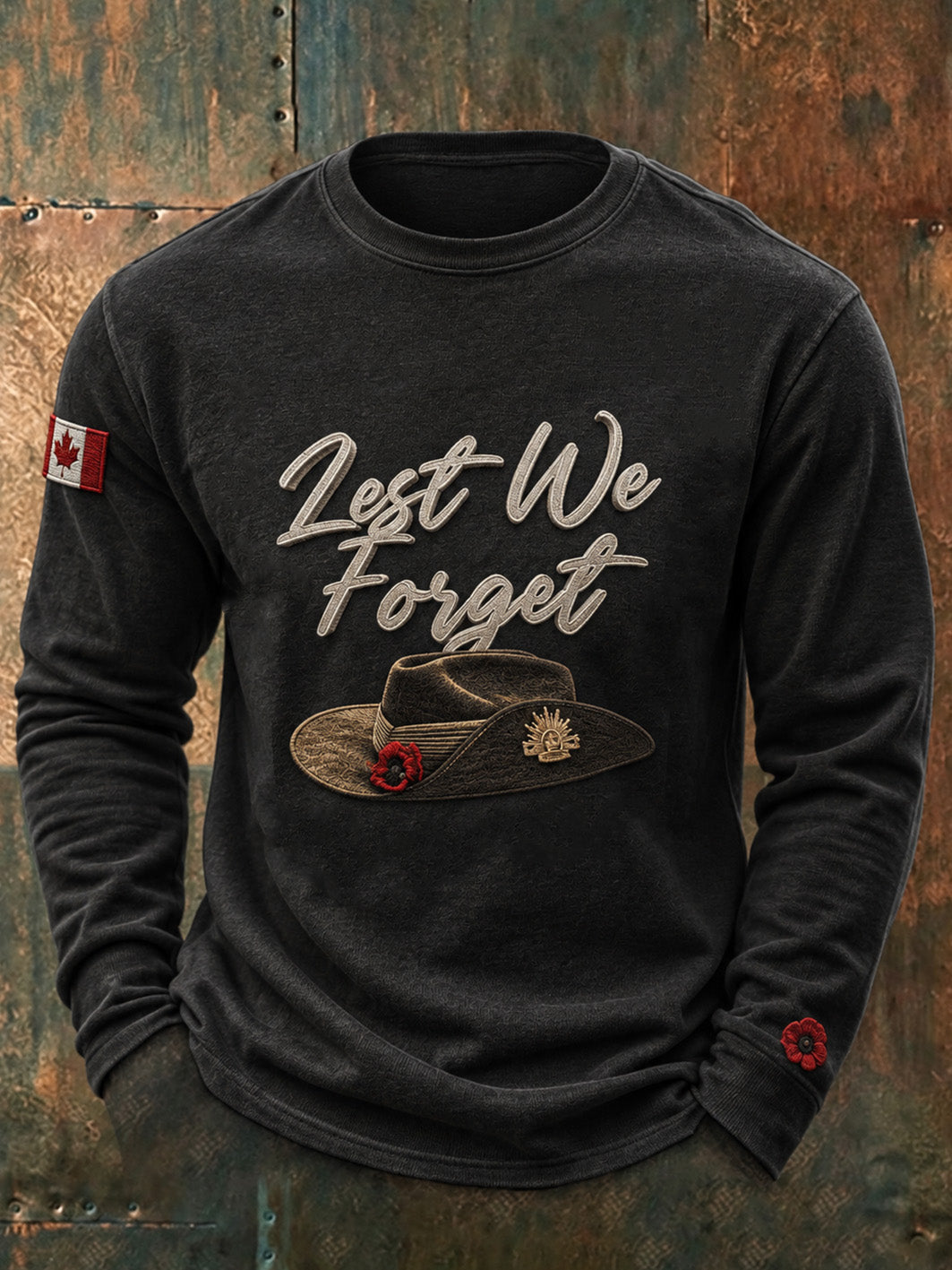 Men's Last We Forget Slogan Papaver Rhoeas Pattern Printed Long Sleeve Round Neck T-shirt