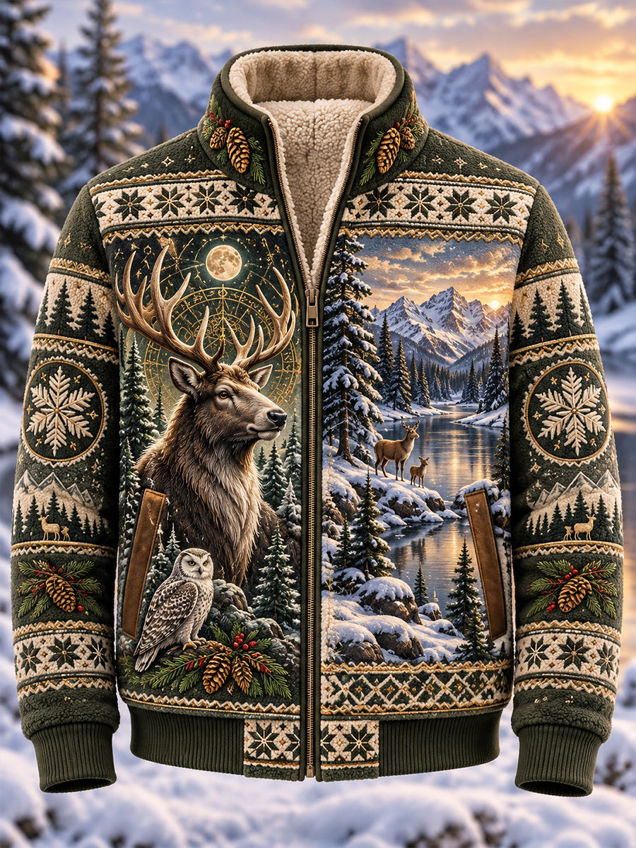 Men's Nordic Forest Animal Fleece-Lined Stand-Collar Jacket