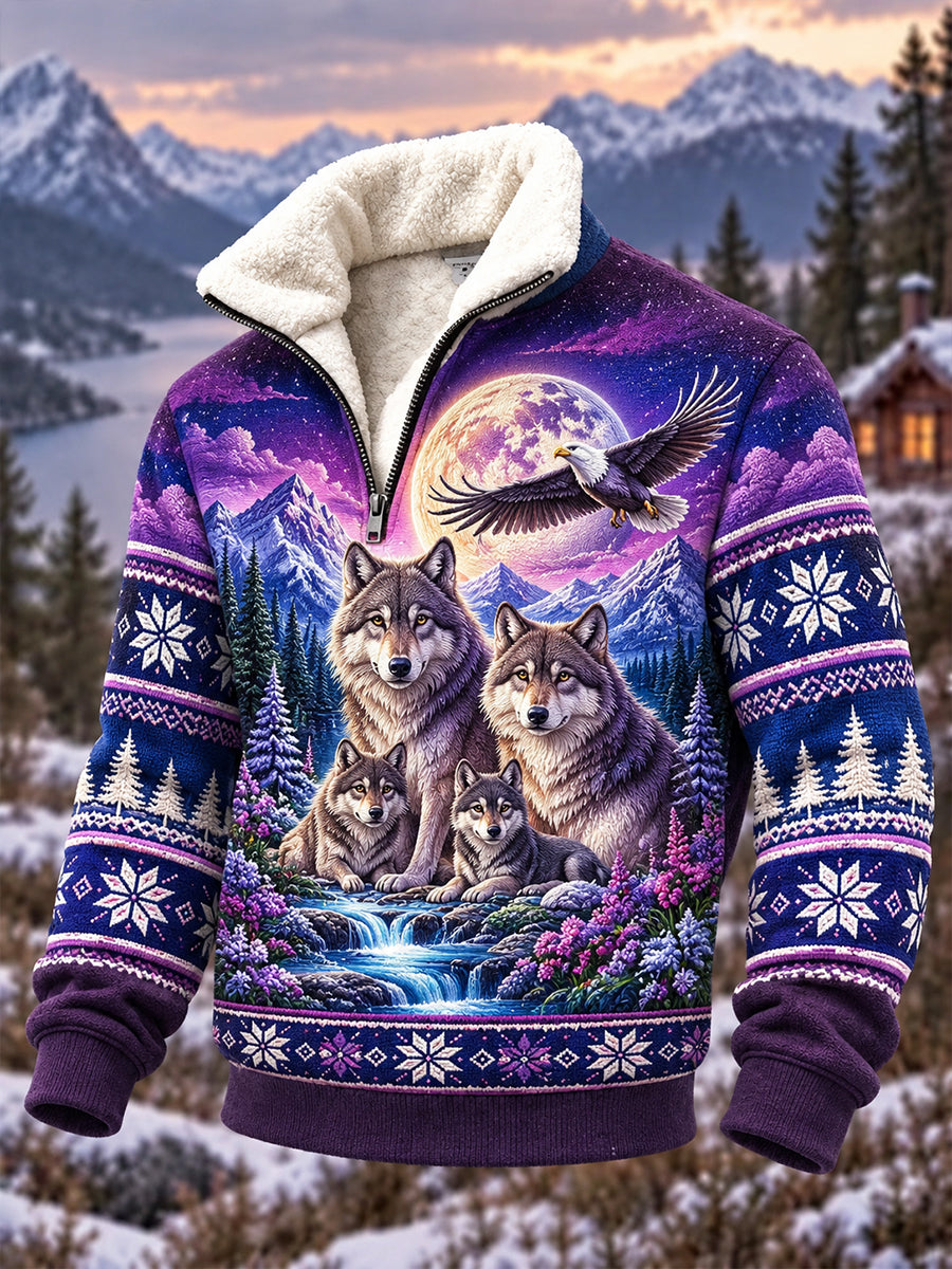 Men's Nordic Forest Animal Fleece-Lined Casual Sweatshirt