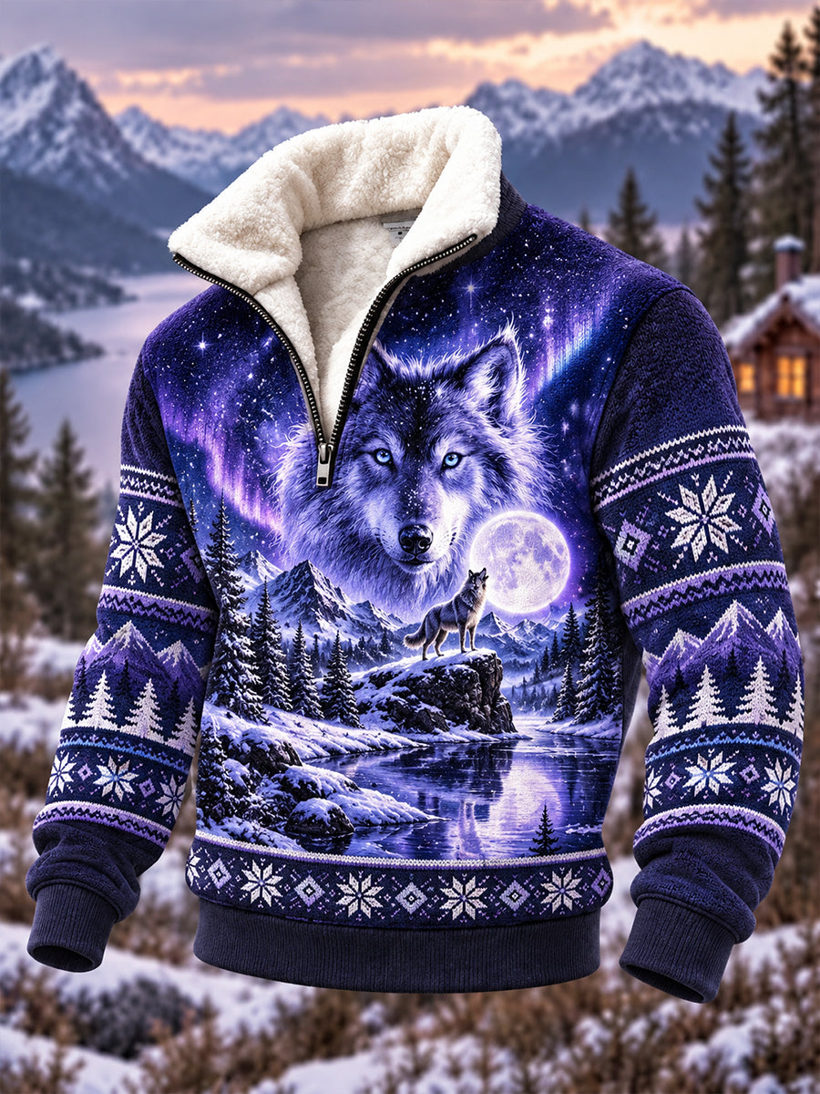 Men's Nordic Forest Animal Fleece-Lined Half-Zip Sweatshirt