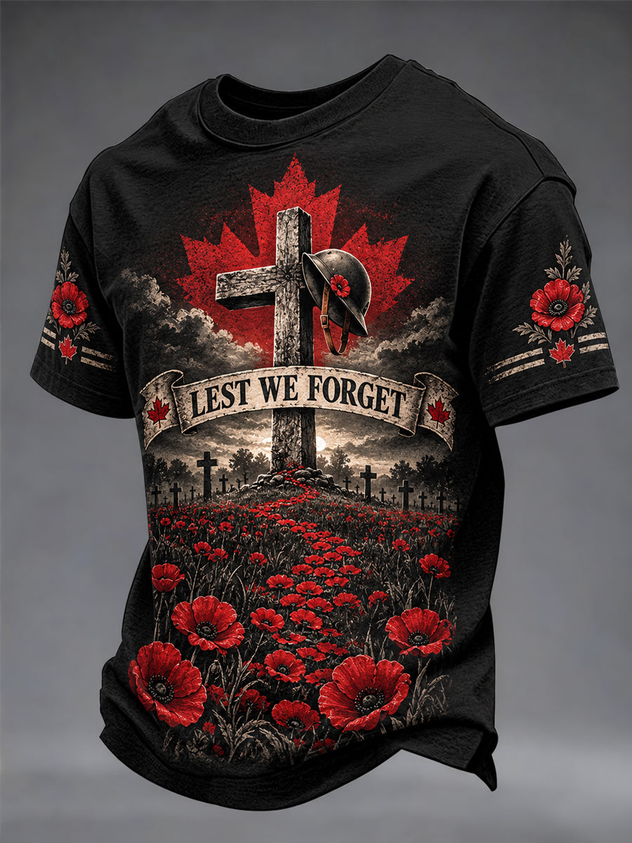 Men's Lest We Forget Canada Remembrance Day Print V-neck Short Sleeve T-shirt