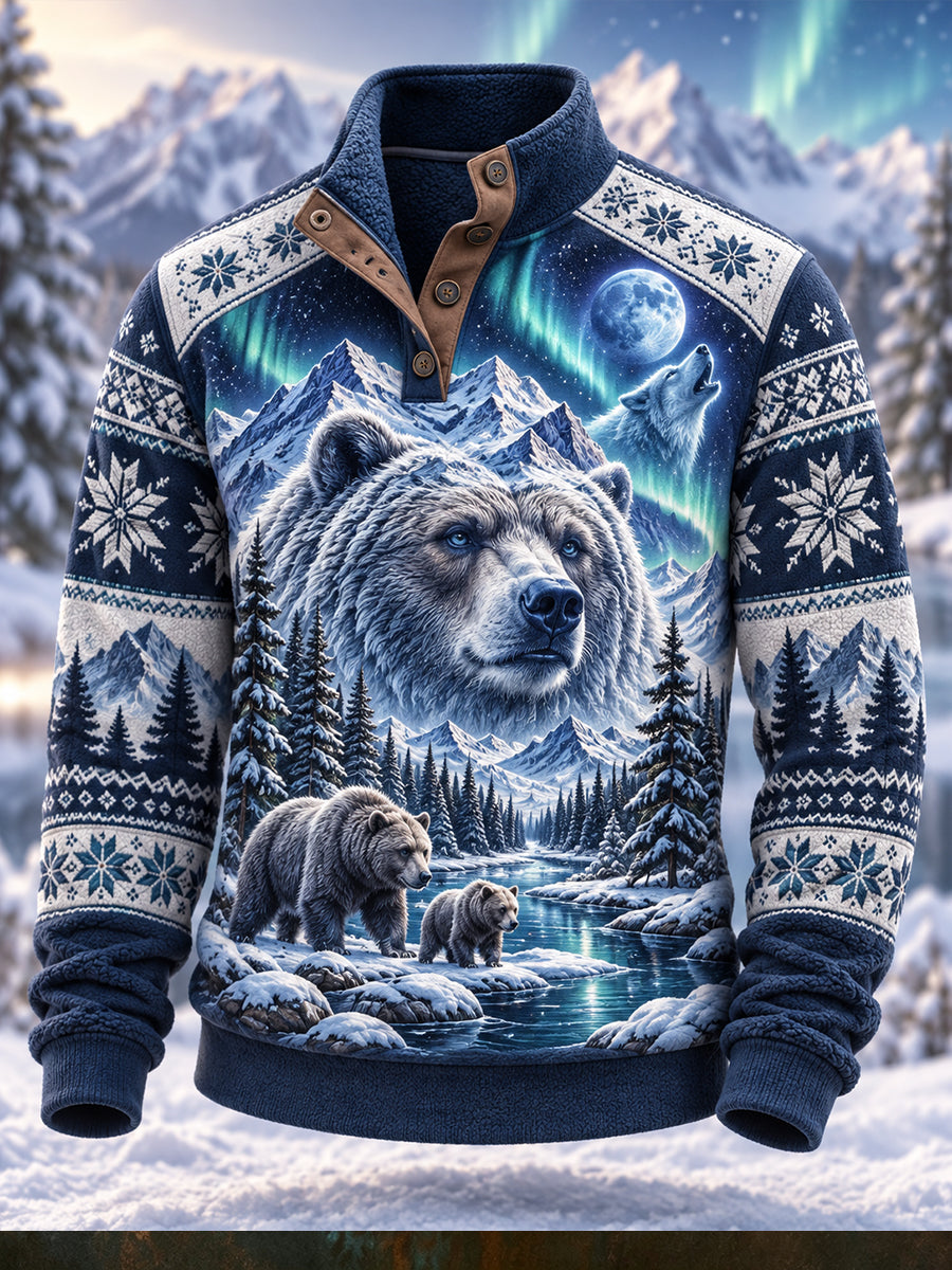 Men's Nordic Forest Animal Four-Button Hoodie