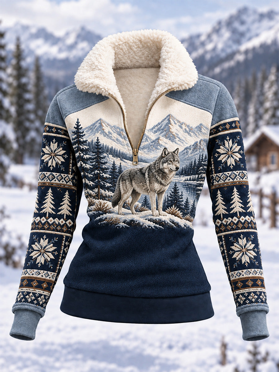 Women's Winter Wolf Print Casual Composite Fleece Hoodie