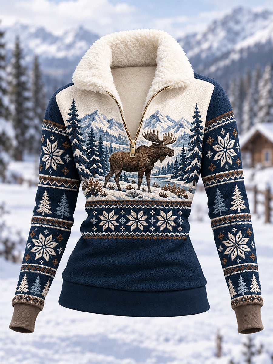 Women's Winter Moose Print Casual Composite Fleece Hoodie