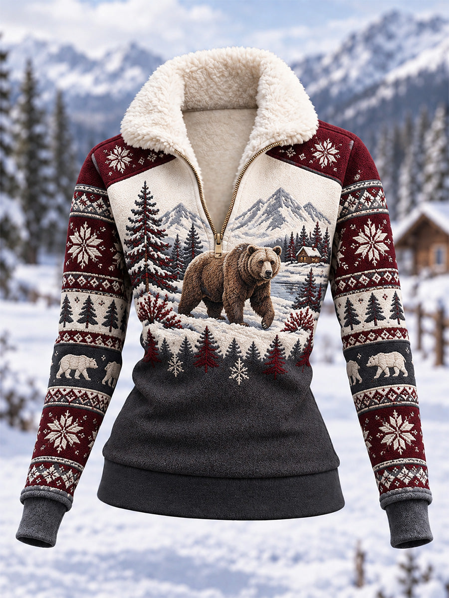 Women's Winter Bear Print Casual Composite Fleece Hoodie