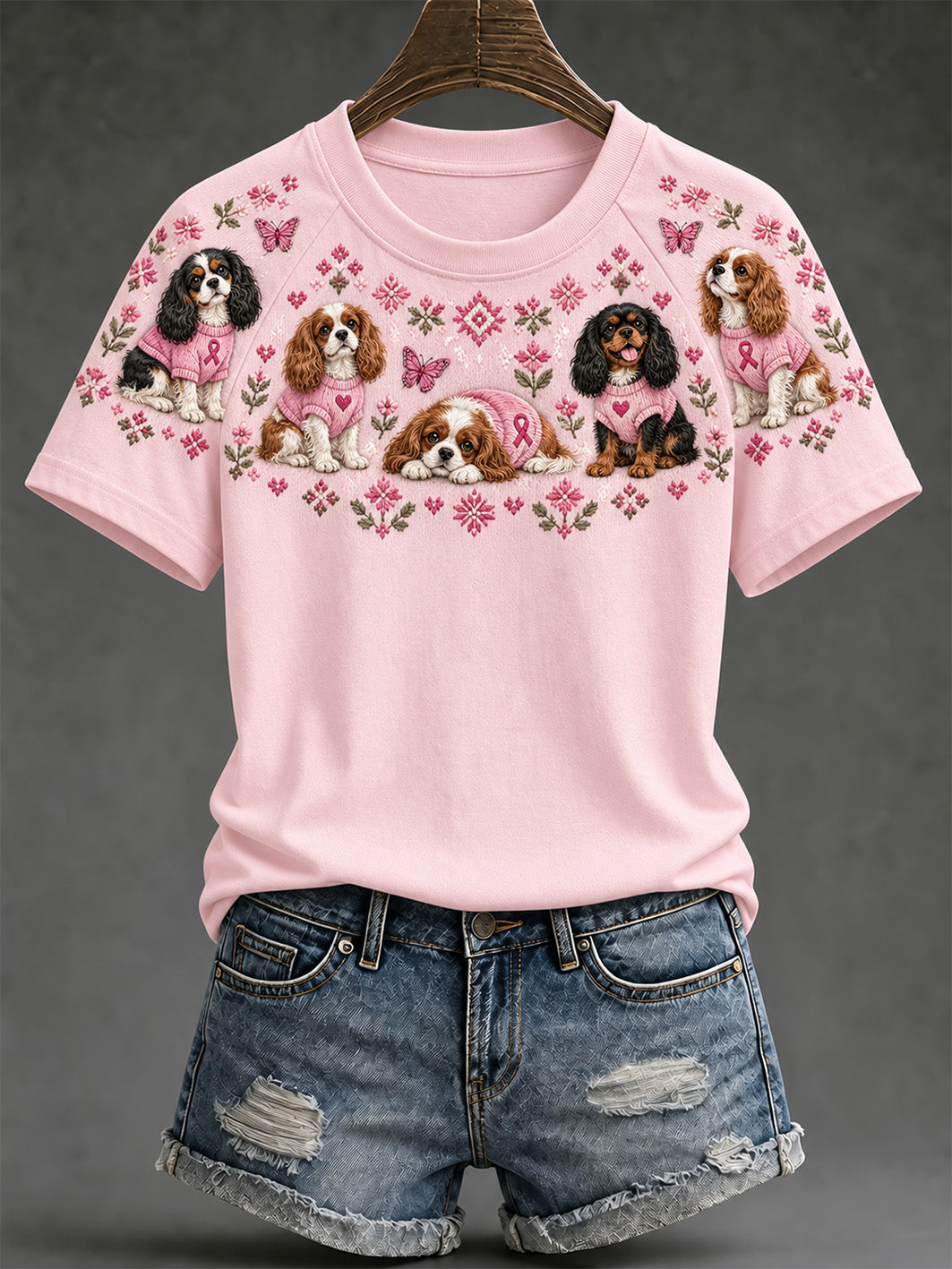 Women's Dog Pattern and Pink Charity Ribbon Design Casual Short sleeve T-shirt