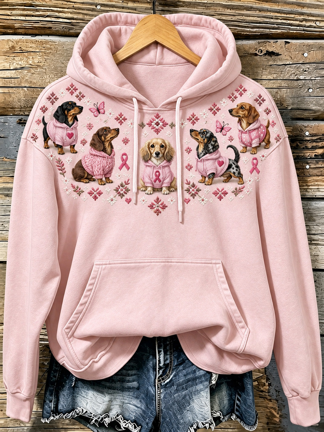 Women's Dog Pattern and Pink Charity Ribbon Design Casual Hoodie