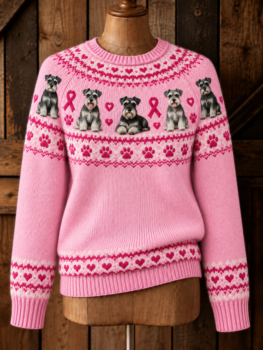 Women's Vintage Pink Ribbon Schnauzer Yoke Isle Print Long-sleeved Sweater