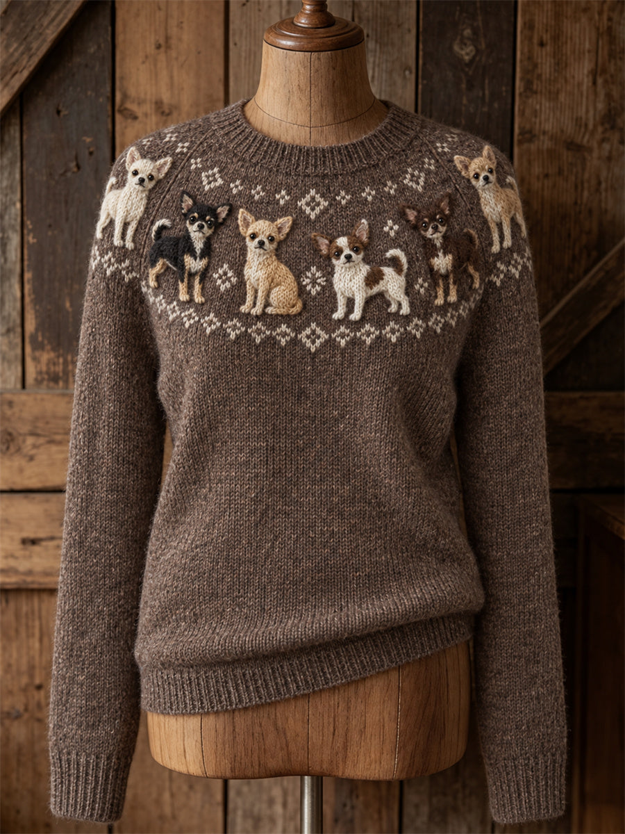 Women's Vintage Chihuahua Dogs Yoke Isle Print crew neck sweater