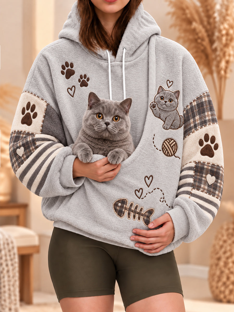 Women's Cute Winter Cat Print Cat Lovers Casual Flannel Hoodie