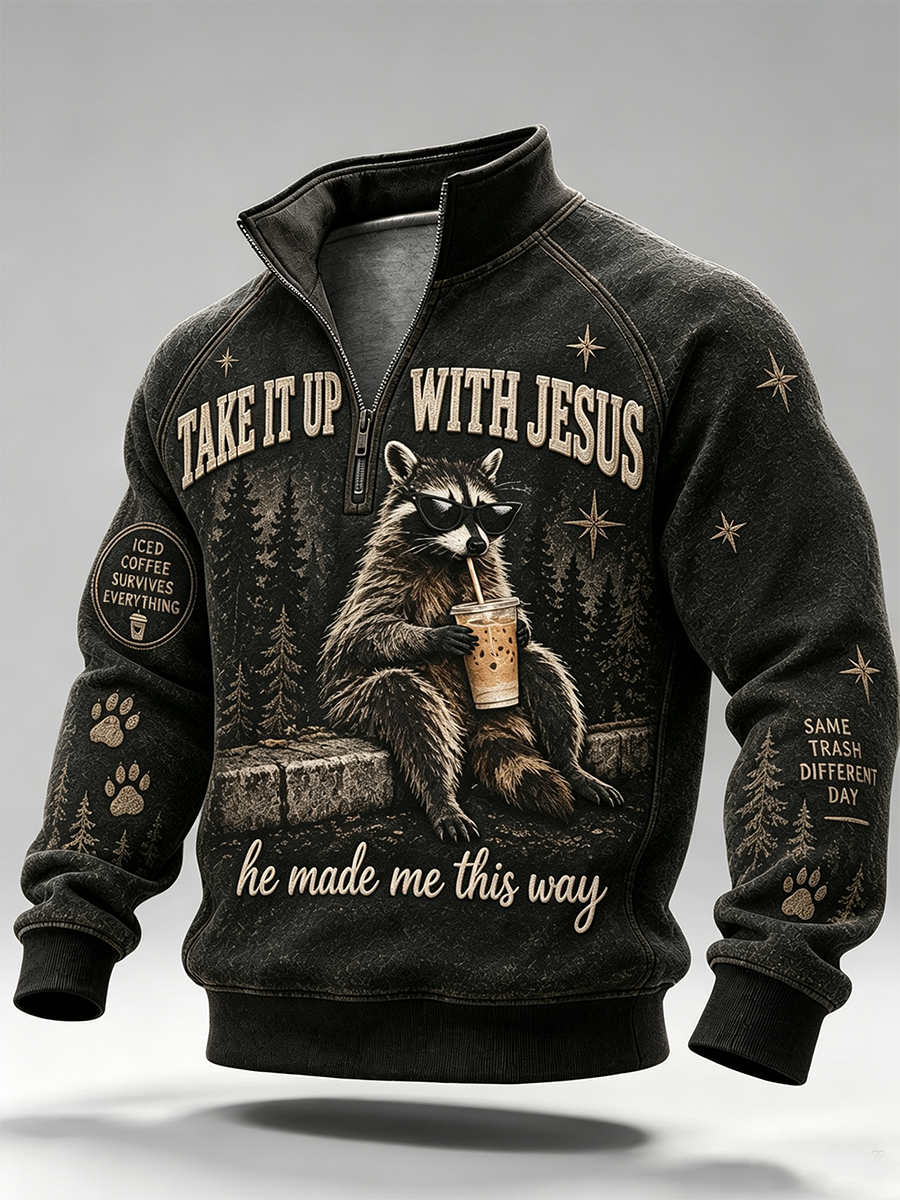 Men's Fun Animal Slogan Zip-Up Hoodie