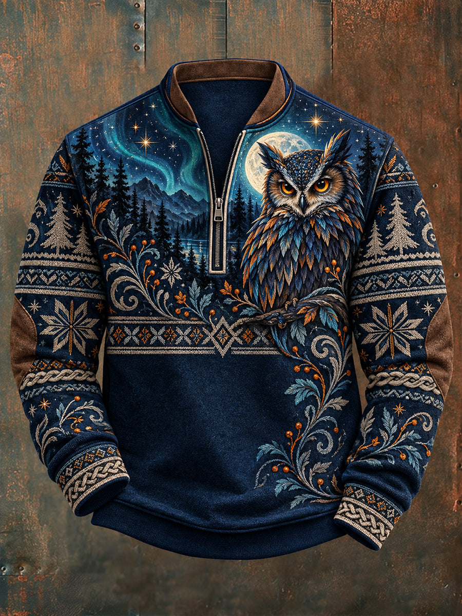 Men's Nordic Animal Print Flannel Half-Zip Sweatshirt