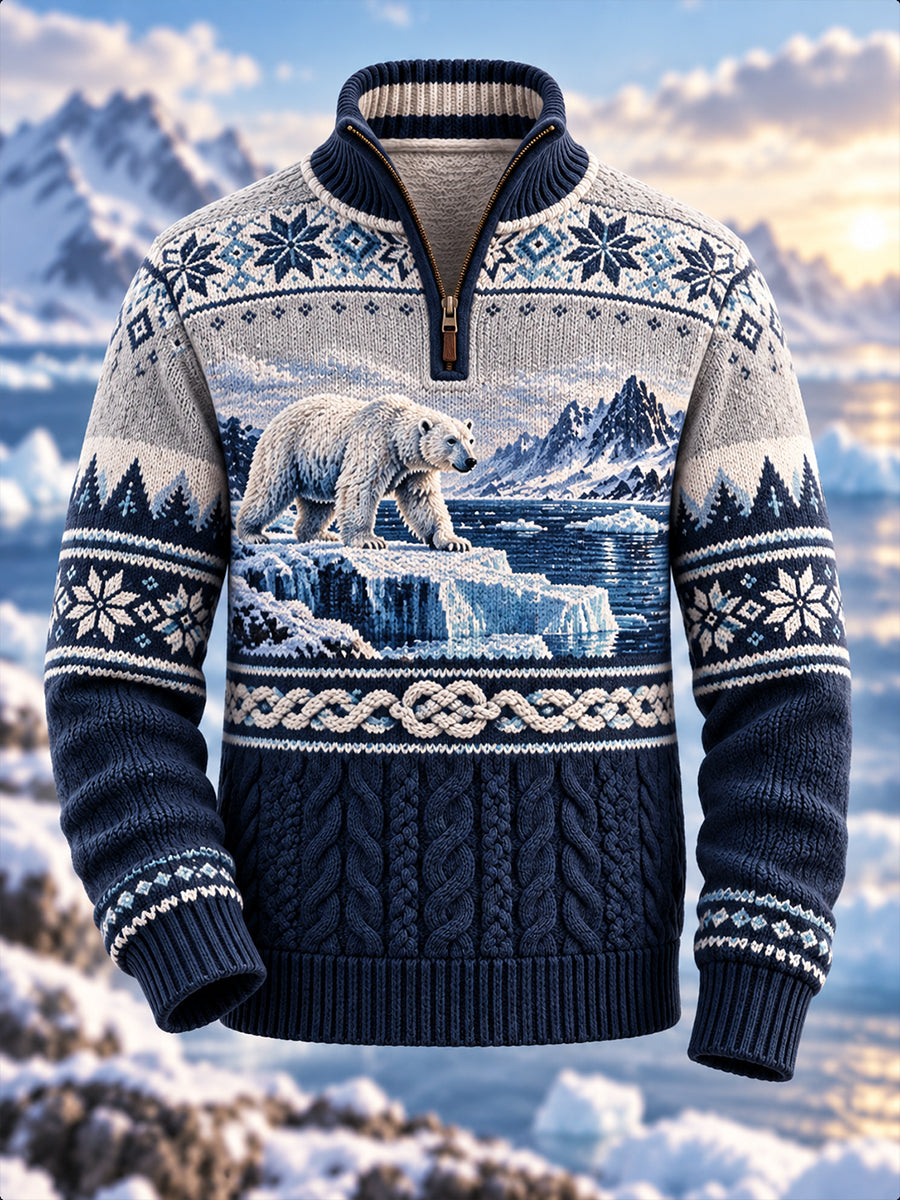Men's Nordic Animal Print Flannel Half-Zip Sweater