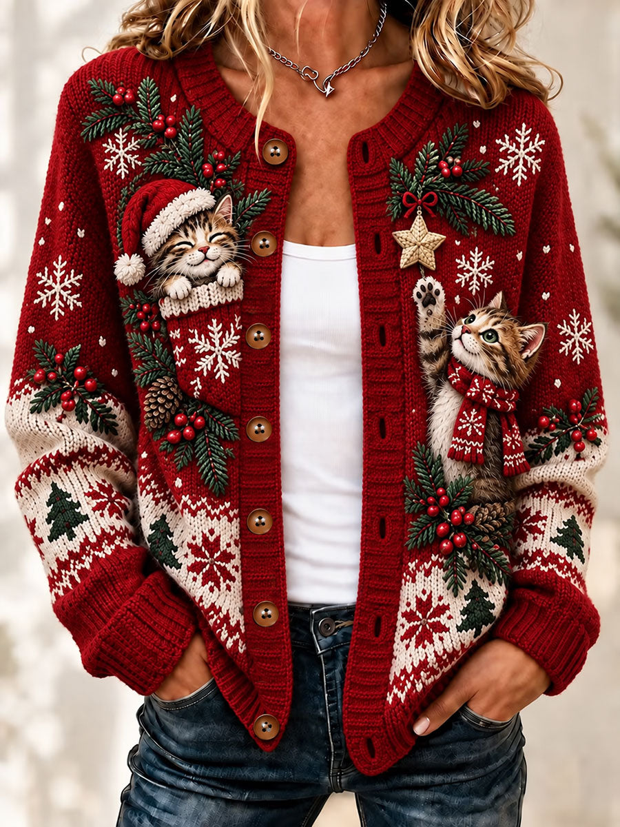Women's Christmas Cute Cat Art Print Casual Cardigan