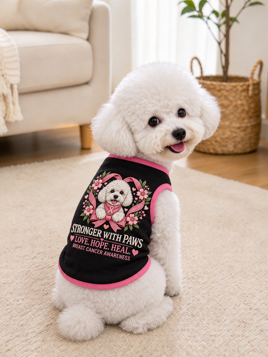 Stronger With Paws and Pink Awareness Ribbon Pattern Pet Sleeveless Vest