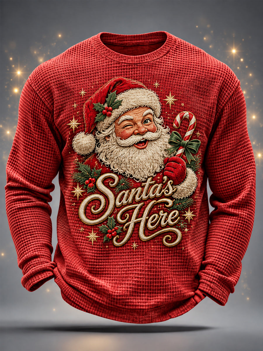 Men's Christmas Santa Claus Print Casual Waffle Long Sleeve T-Shirt