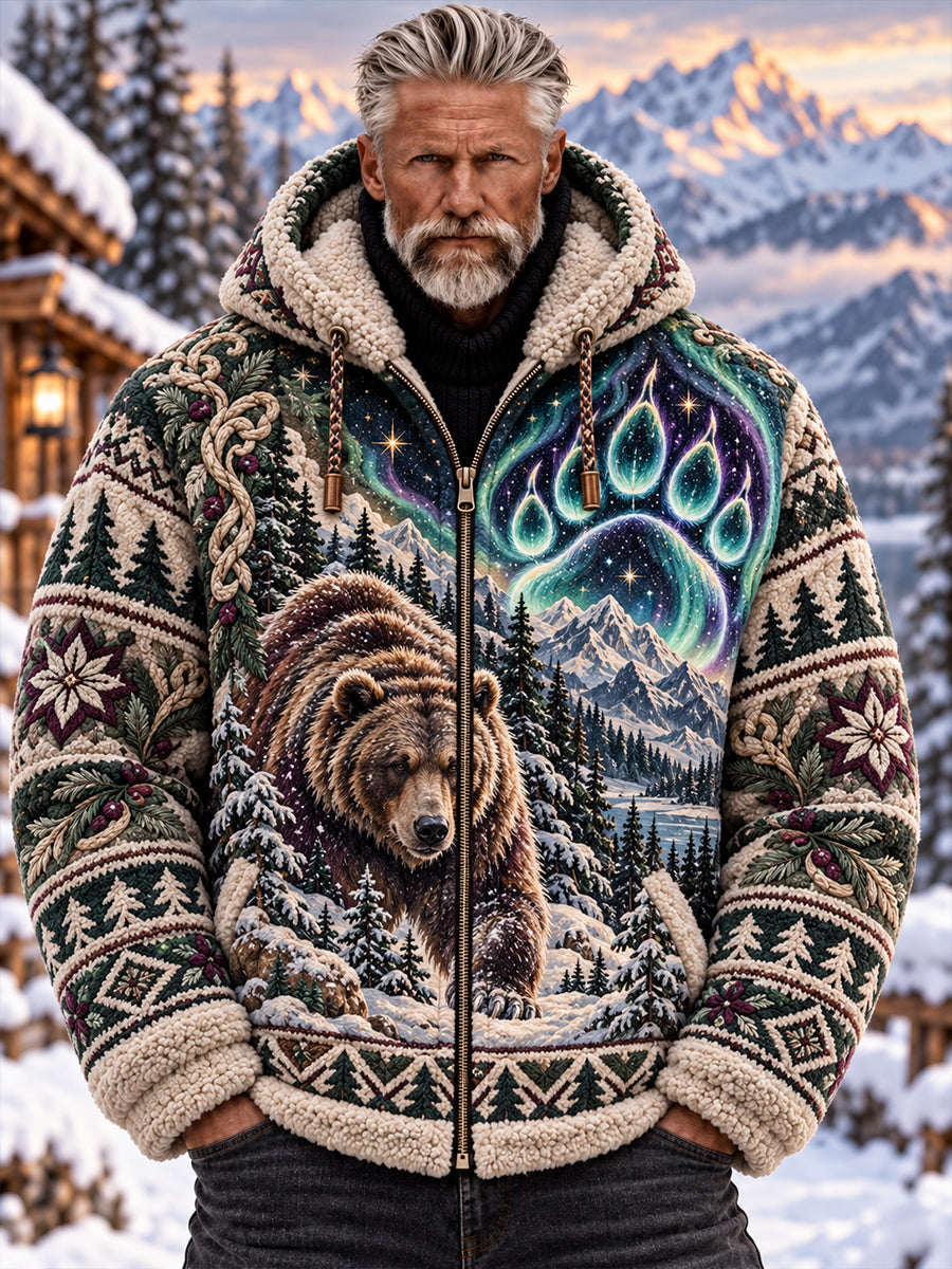 Men's Nordic Forest Animal Flannel Hooded Jacket