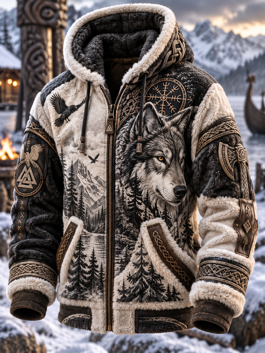 Men's Viking-Style Long Hooded Fleece Coat