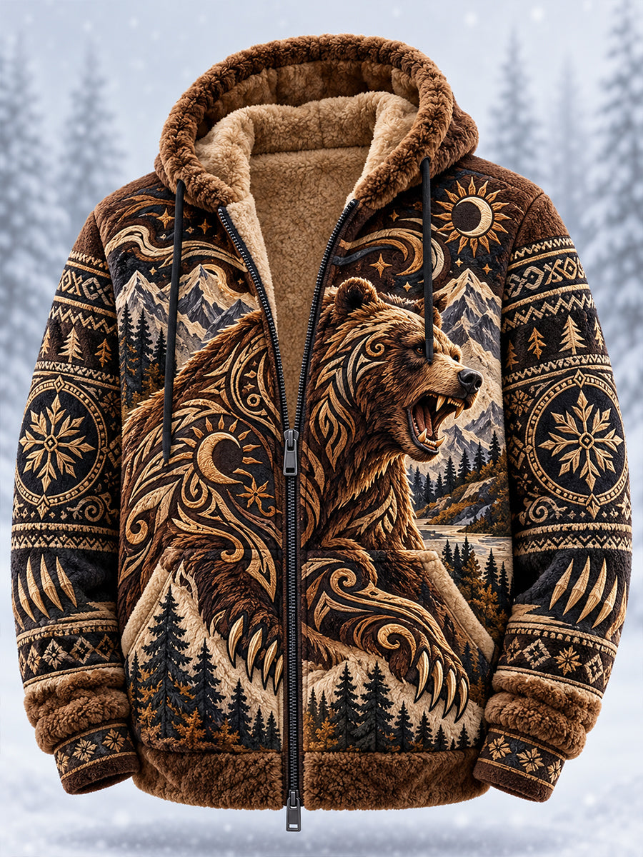 Men’s Nordic-Style Autumn/Winter Animal-Themed Flannel Hooded Jacket