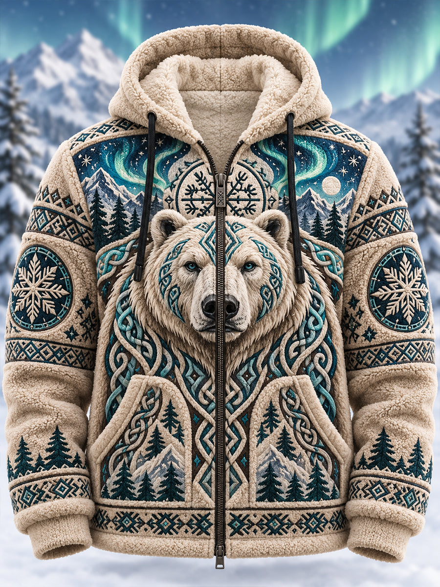Men’s Nordic-Style Autumn/Winter Animal-Themed Flannel Hooded Jacket