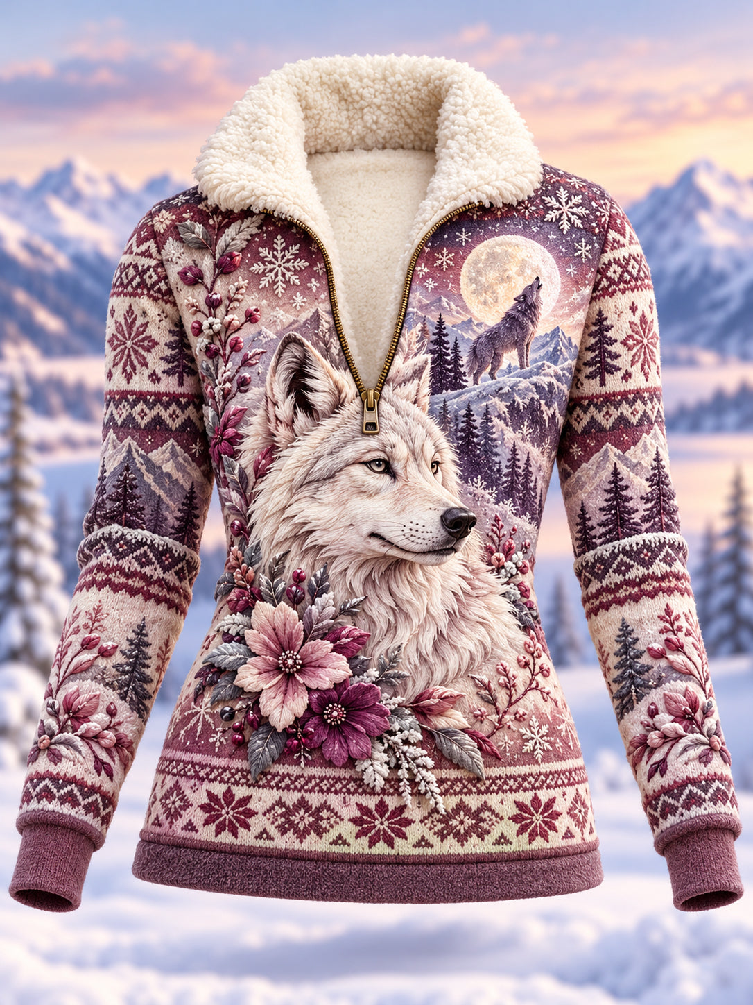 Women's Nordic Animals In Autumn And Winter Fur Collar Top