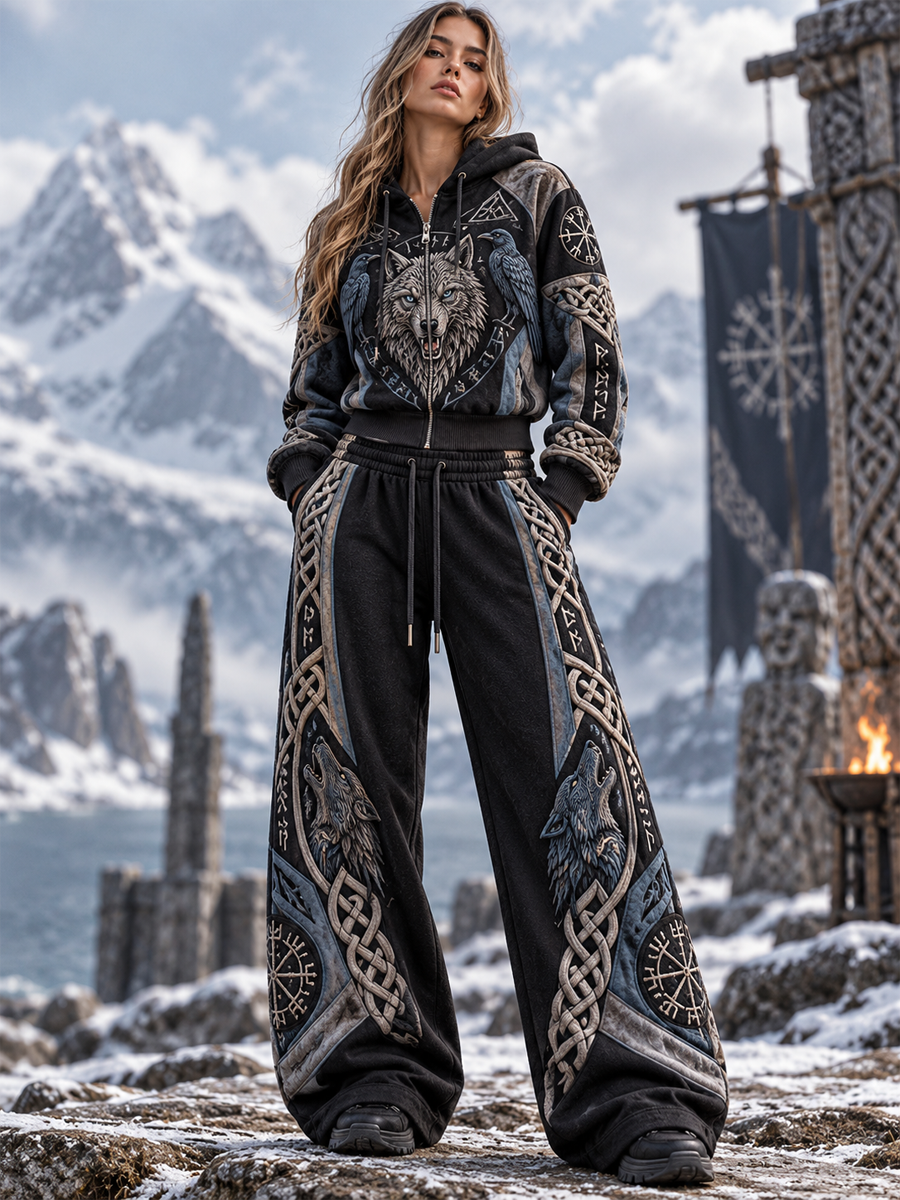 Women's Viking Art Drop Shoulder Sweatshirt Jacket & Jogger Pants 2 Piece Set
