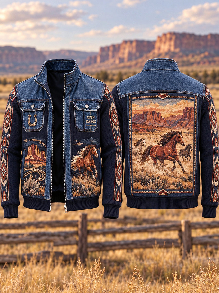Men's Western Cowboy Art Patchwork Jacket