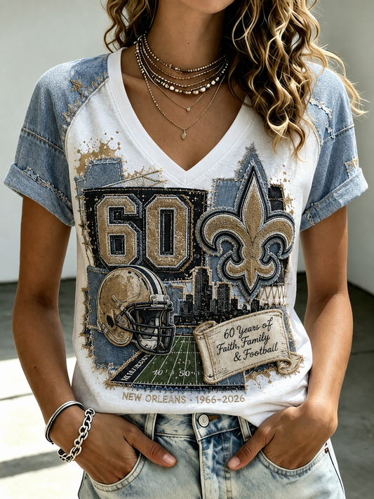 Women's New Orleans Saints V-Neck Off-Shoulder Short-Sleeved T-Shirt