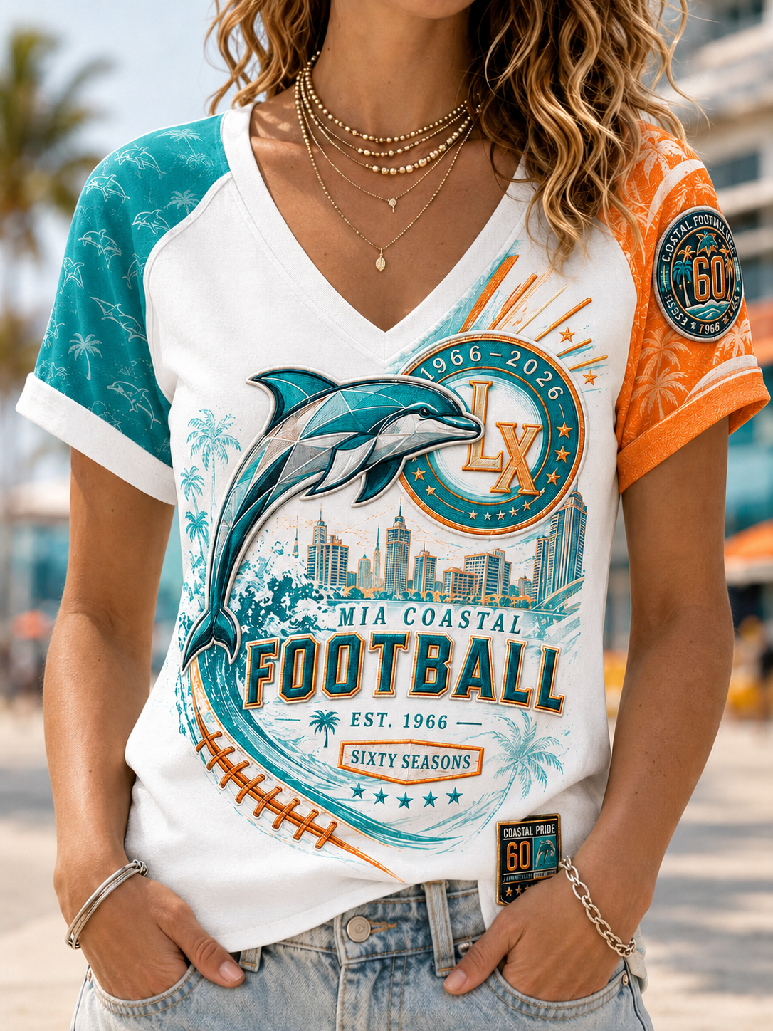 Women's Miami Dolphins V-Neck Off-Shoulder Short-Sleeved T-Shirt