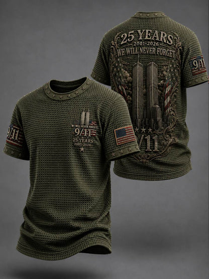 Men's WE WILL NEVER FORGET 9/11 25 YEARS 2001-2026 Waffle  Tee