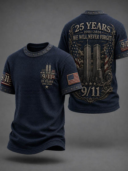 Men's WE WILL NEVER FORGET 9/11 25 YEARS 2001-2026 Waffle  Tee