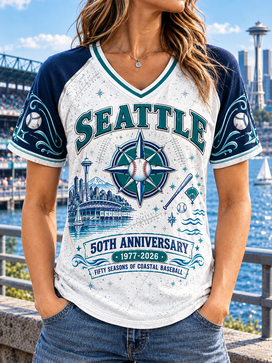 Women's American Baseball Seattle Mariners V-Neck Short Sleeve T-Shirt