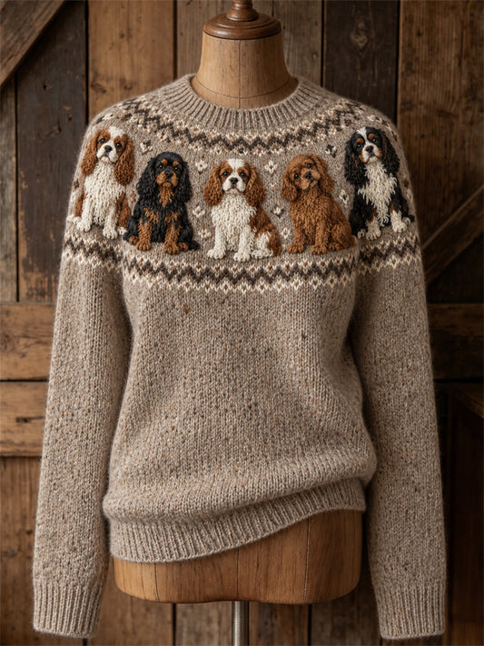 Women's Vintage Cavalier Dogs Yoke Isle Print Cozy crew neck sweater
